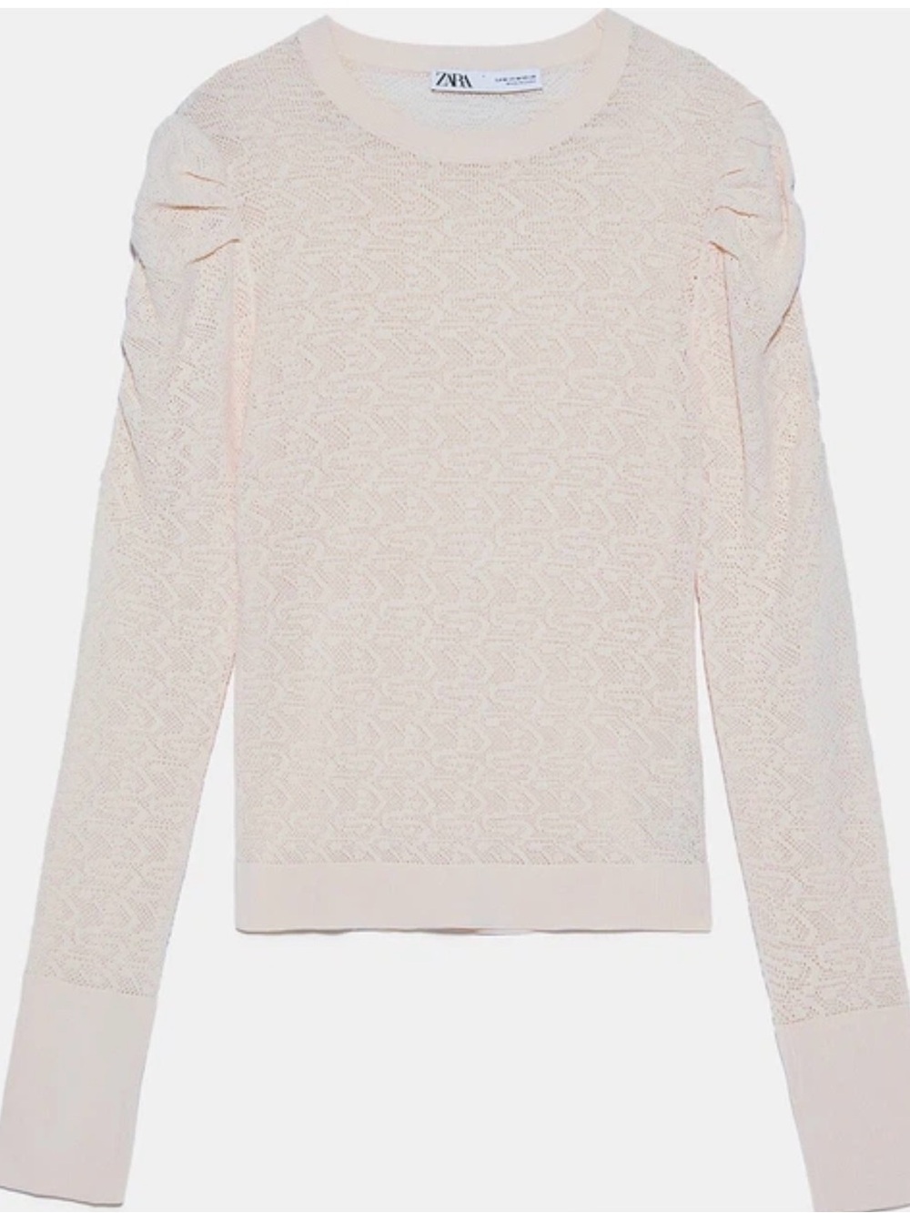 Zara Cream Pointelle Openwork Ruched Puff Sleeve Sweater Top S
